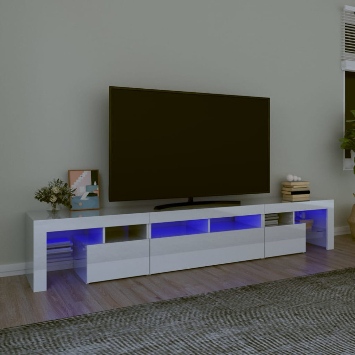 TV spintelė su LED apšvietimu, balta, 230x36,5x40cm, blizgi