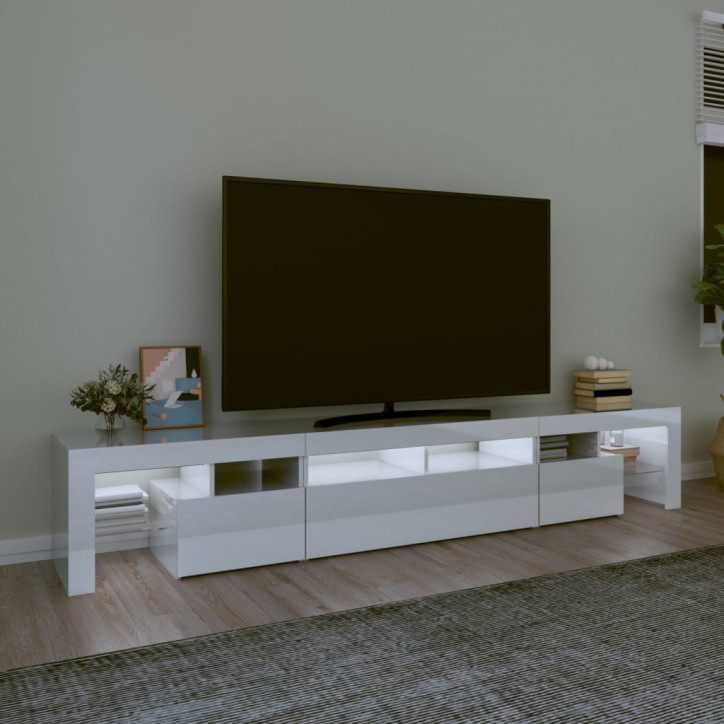 TV spintelė su LED apšvietimu, balta, 230x36,5x40cm, blizgi