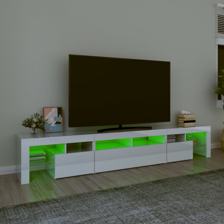 TV spintelė su LED apšvietimu, balta, 230x36,5x40cm, blizgi