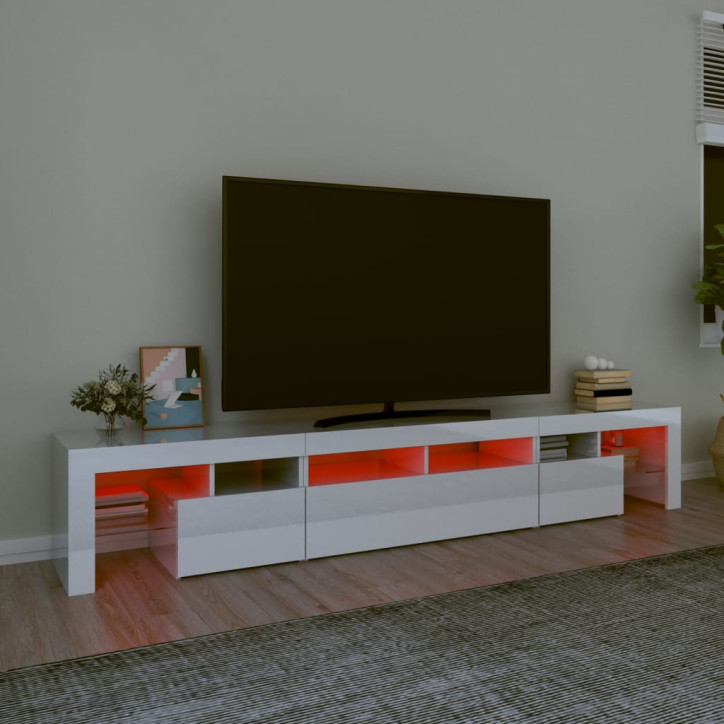 TV spintelė su LED apšvietimu, balta, 230x36,5x40cm, blizgi