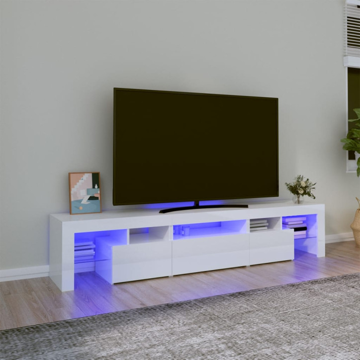 TV spintelė su LED apšvietimu, balta, 200x36,5x40cm, blizgi