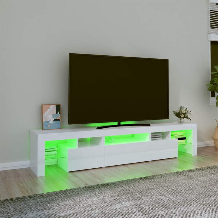 TV spintelė su LED apšvietimu, balta, 200x36,5x40cm, blizgi