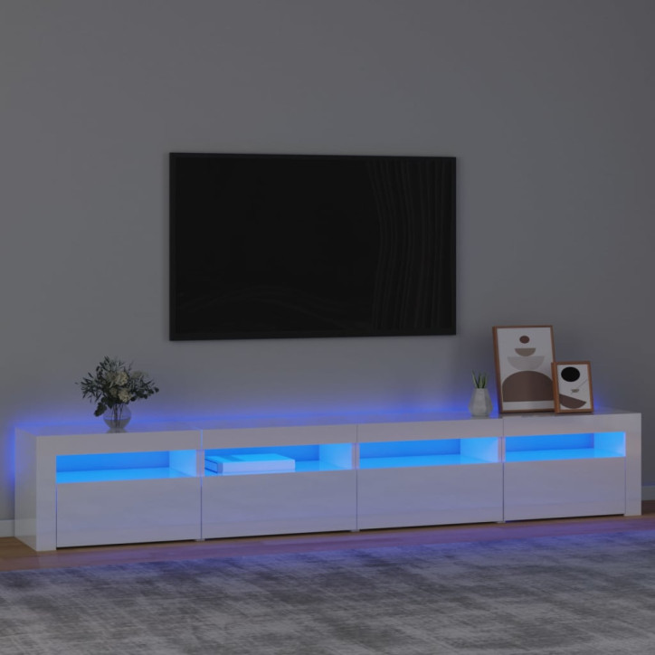 TV spintelė su LED apšvietimu, balta, 240x35x40cm, blizgi