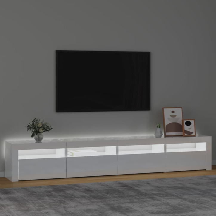 TV spintelė su LED apšvietimu, balta, 240x35x40cm, blizgi