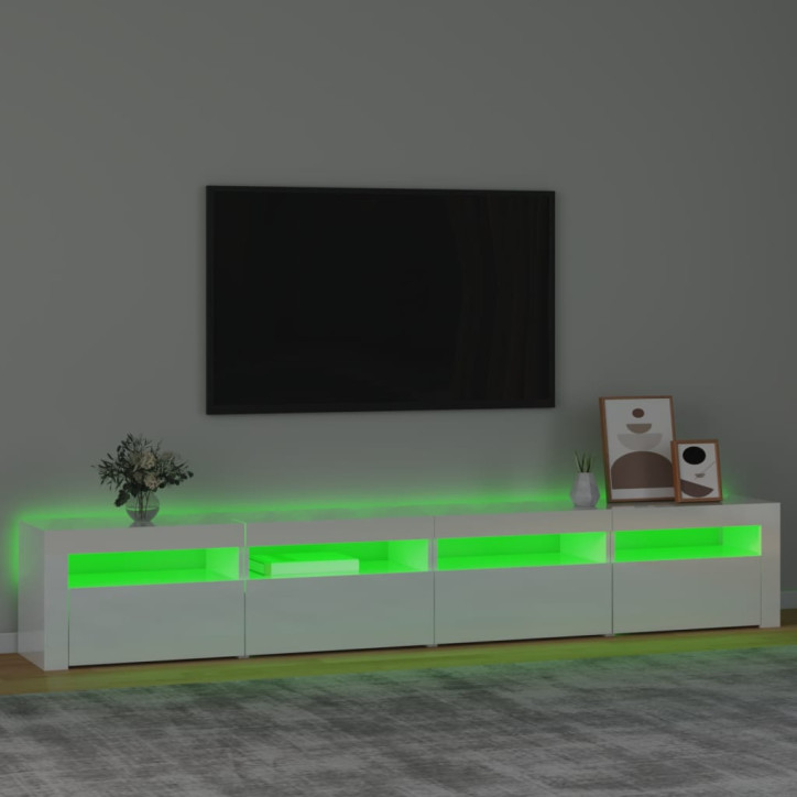 TV spintelė su LED apšvietimu, balta, 240x35x40cm, blizgi