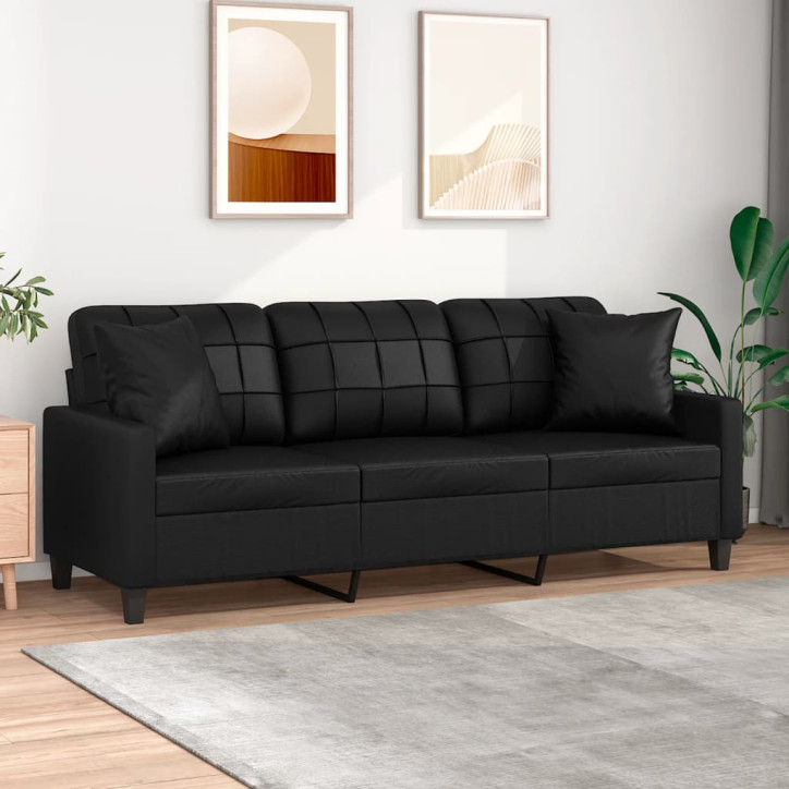 Trivietė sofa su pagalvėlėmis, juoda, 180cm, dirbtinė oda