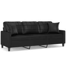 Trivietė sofa su pagalvėlėmis, juoda, 180cm, dirbtinė oda