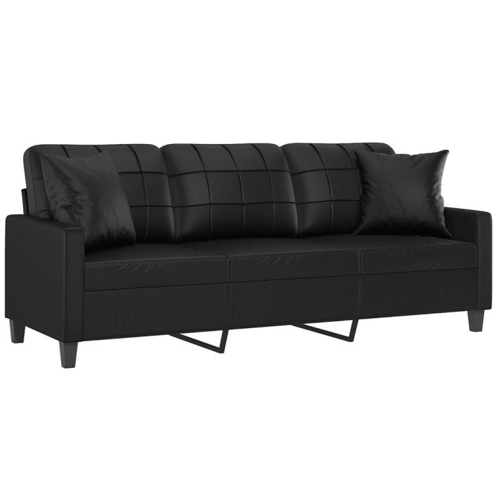 Trivietė sofa su pagalvėlėmis, juoda, 180cm, dirbtinė oda