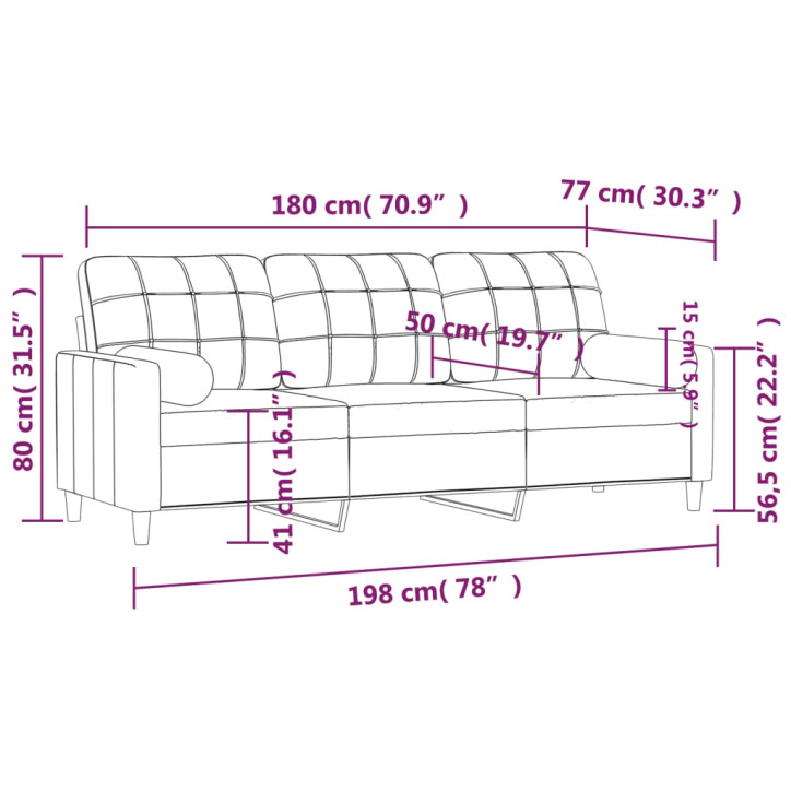 Trivietė sofa su pagalvėlėmis, rudos spalvos, 180cm, audinys