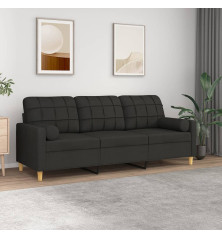 Trivietė sofa su pagalvėlėmis, juodos spalvos, 180cm, audinys