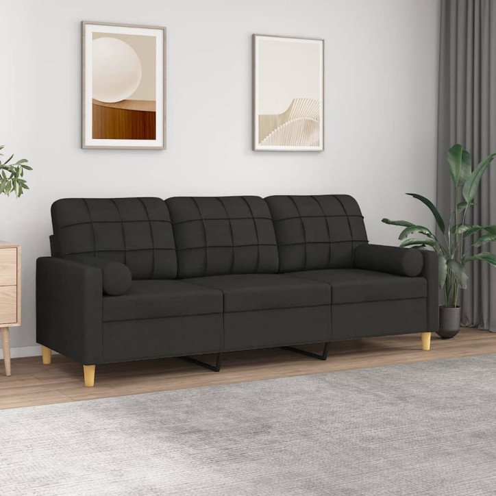 Trivietė sofa su pagalvėlėmis, juodos spalvos, 180cm, audinys