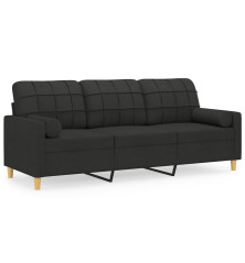 Trivietė sofa su pagalvėlėmis, juodos spalvos, 180cm, audinys