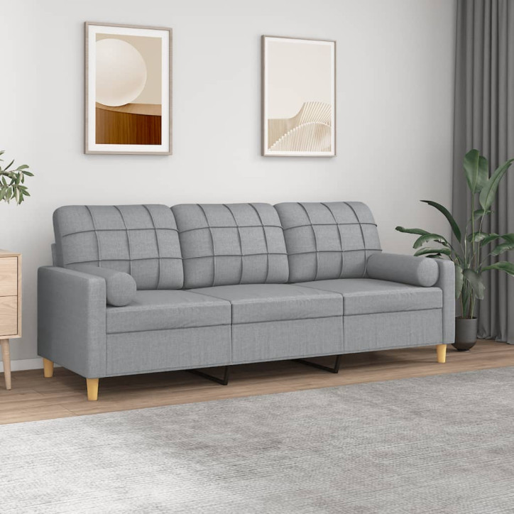 Trivietė sofa su pagalvėlėmis, šviesiai pilka, 180cm, audinys