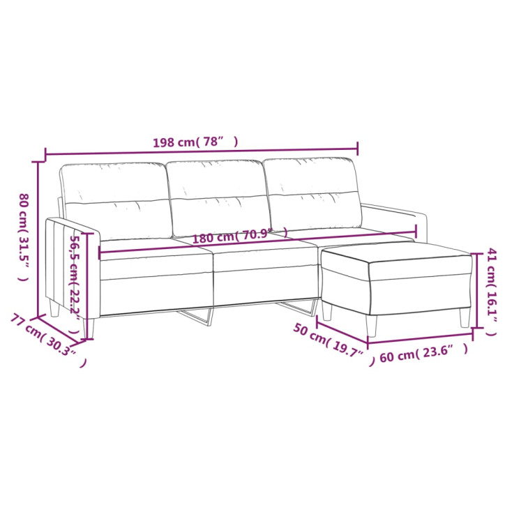 Trivietė sofa su pakoja, kreminės spalvos, 180cm, audinys