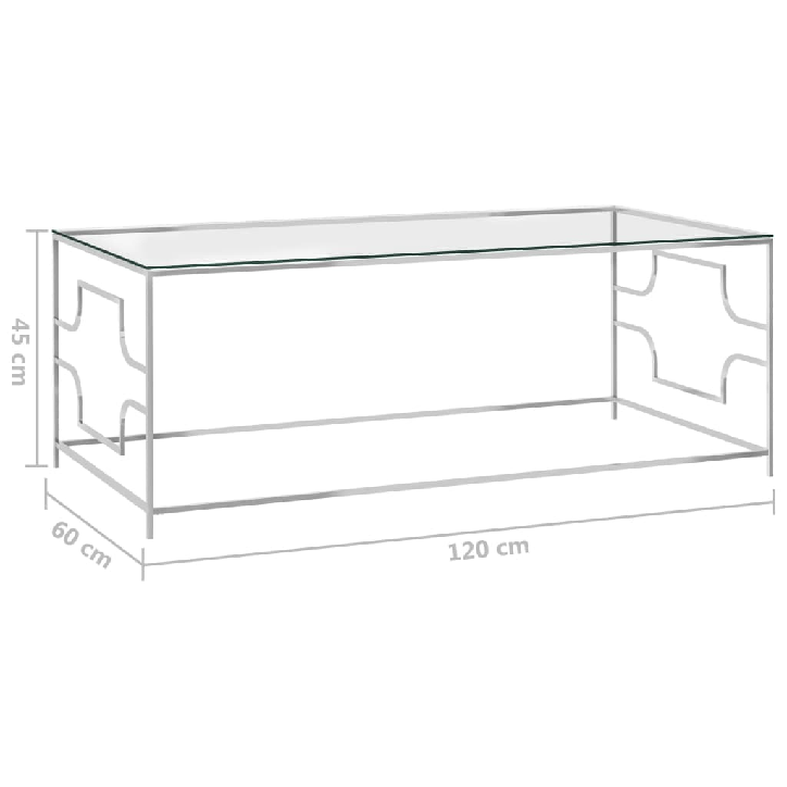 Kavos staliukas, sidabrinis, 120x60x45cm, plienas ir stiklas