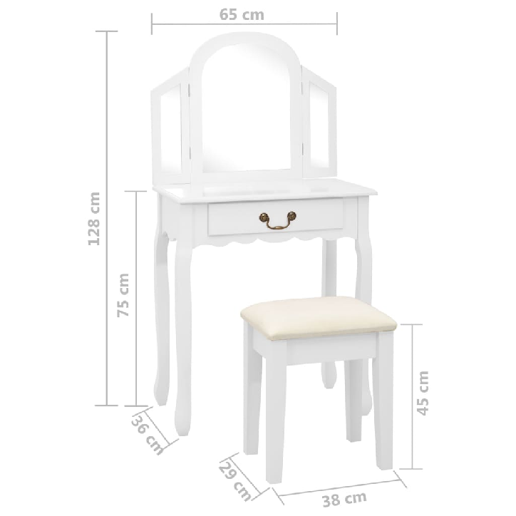 Kosmetinis staliukas, baltas, 65x36x128cm, paulovnija ir MDF