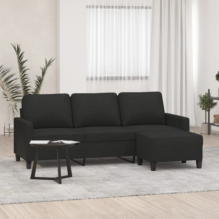 Trivietė sofa su pakoja, juodos spalvos, 180cm, audinys