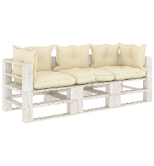 Trivietė sodo sofa iš palečių su kreminėmis pagalvėmis, mediena