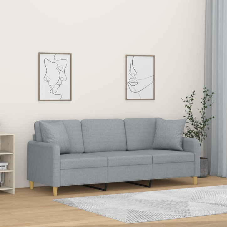 Trivietė sofa su pagalvėlėmis, šviesiai pilka, 180cm, audinys