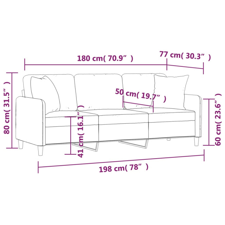 Trivietė sofa su pagalvėlėmis, šviesiai pilka, 180cm, audinys