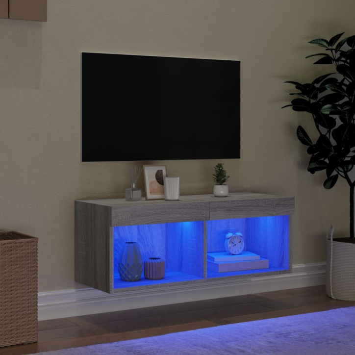 TV spintelė su LED lemputėmis, pilka ąžuolo, 80x30x30cm