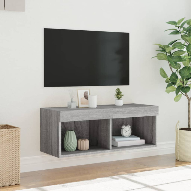 TV spintelė su LED lemputėmis, pilka ąžuolo, 80x30x30cm