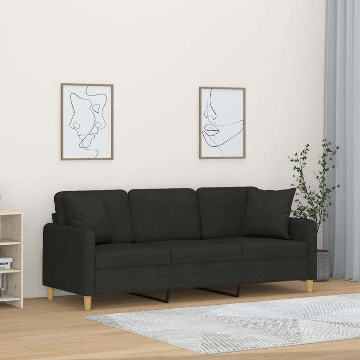 Trivietė sofa su pagalvėlėmis, juodos spalvos, 180cm, audinys