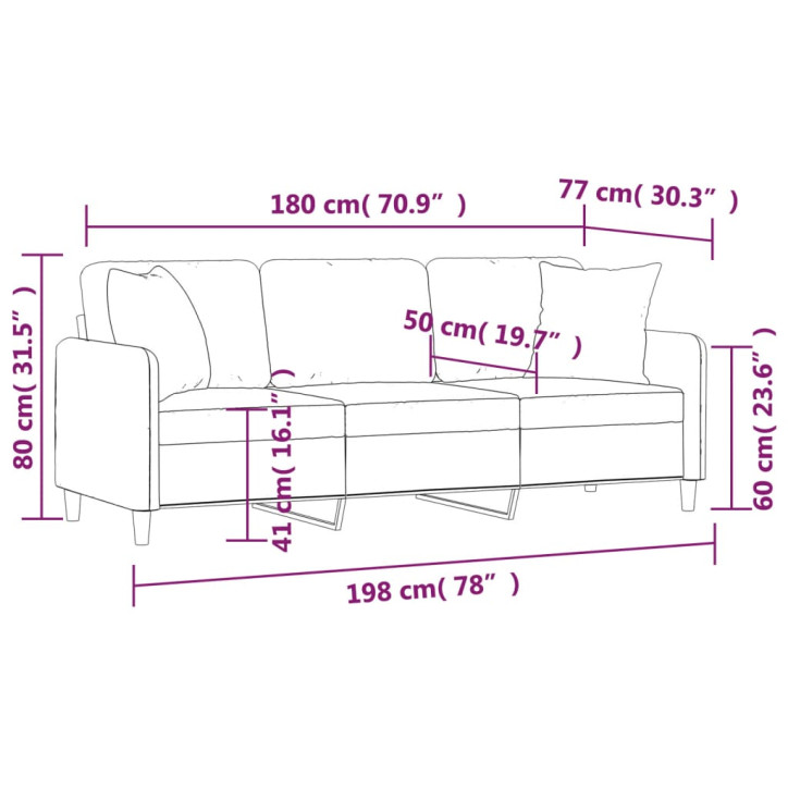 Trivietė sofa su pagalvėlėmis, juodos spalvos, 180cm, audinys