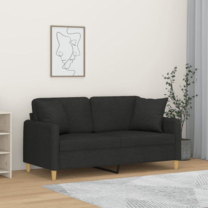 Dvivietė sofa su pagalvėlėmis, juodos spalvos, 140cm, audinys