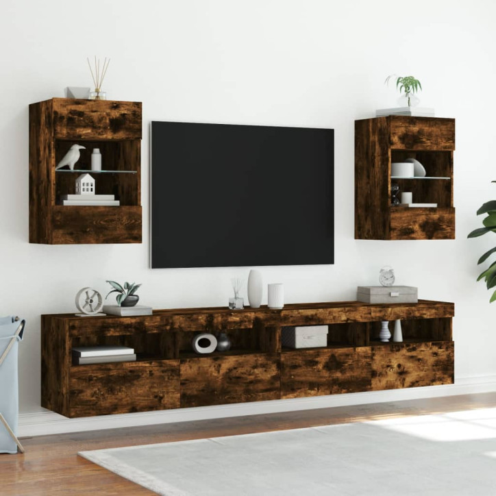 Sieninė TV spintelė su LED lemputėmis, dūminė, 40x30x60,5cm