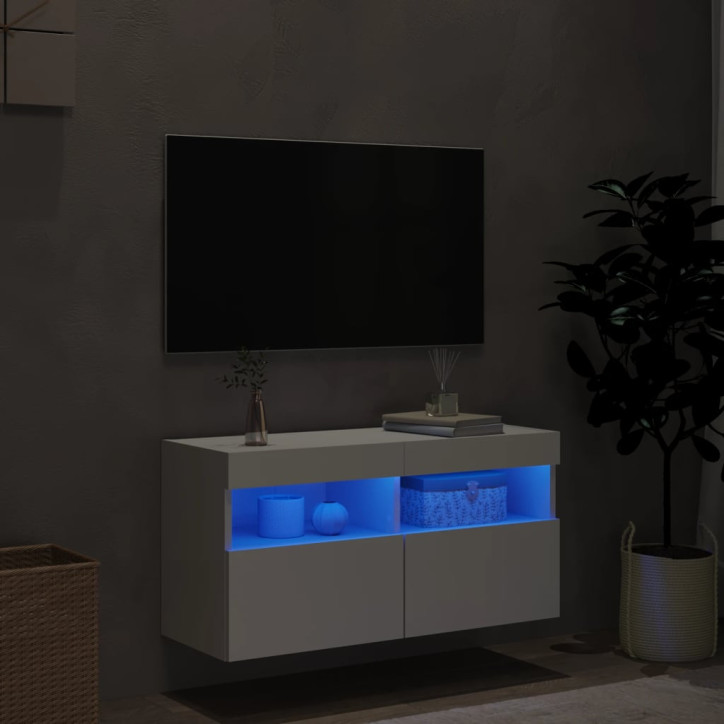 Sieninė TV spintelė su LED lemputėmis, balta, 80x30x40cm