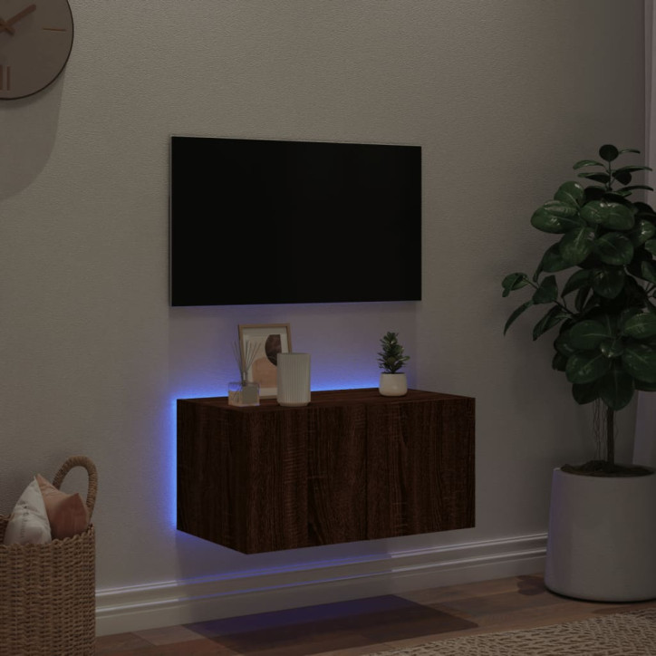 Sieninė TV spintelė su LED lemputėmis, ruda ąžuolo, 60x35x31cm