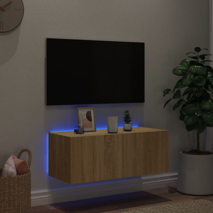 Sieninė TV spintelė su LED lemputėmis, ąžuolo, 80x35x31cm