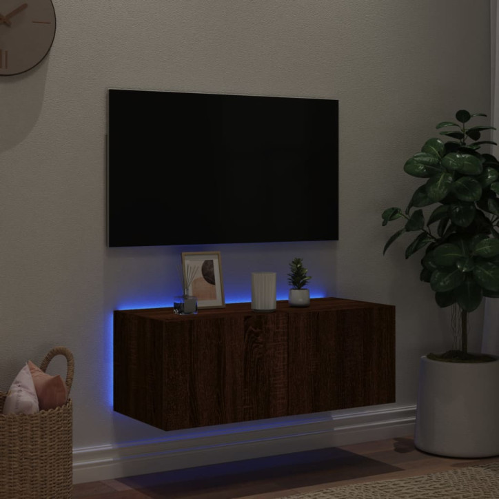 Sieninė TV spintelė su LED lemputėmis, ruda ąžuolo, 80x35x31cm