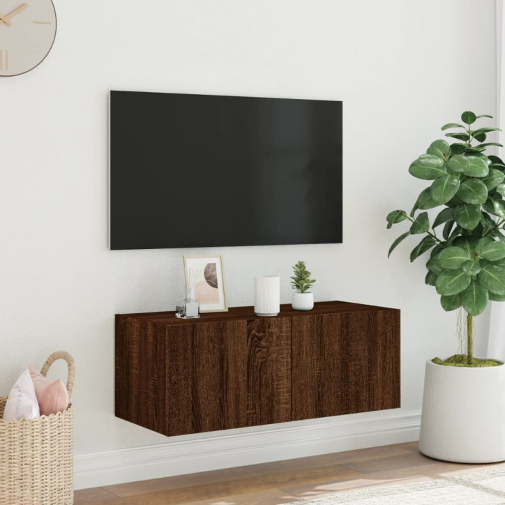 Sieninė TV spintelė su LED lemputėmis, ruda ąžuolo, 80x35x31cm