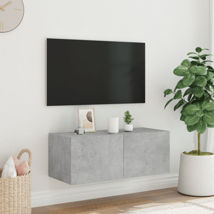 Sieninė TV spintelė su LED lemputėmis, betono pilka, 80x35x31cm