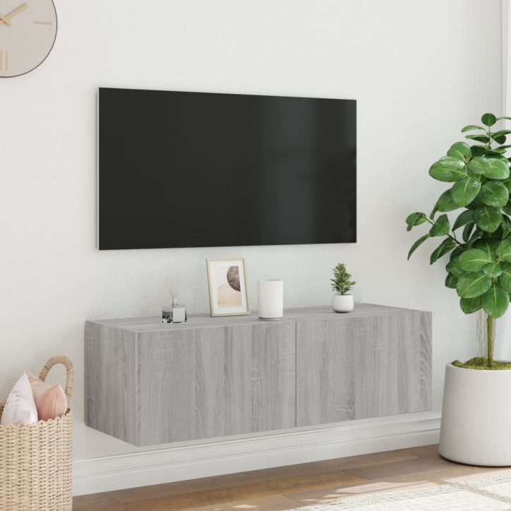 Sieninė TV spintelė su LED lemputėmis, pilka, 100x35x31cm