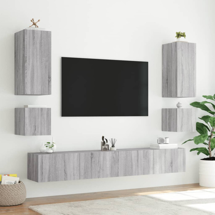 Sieninė TV spintelė su LED lemputėmis, pilka, 100x35x31cm