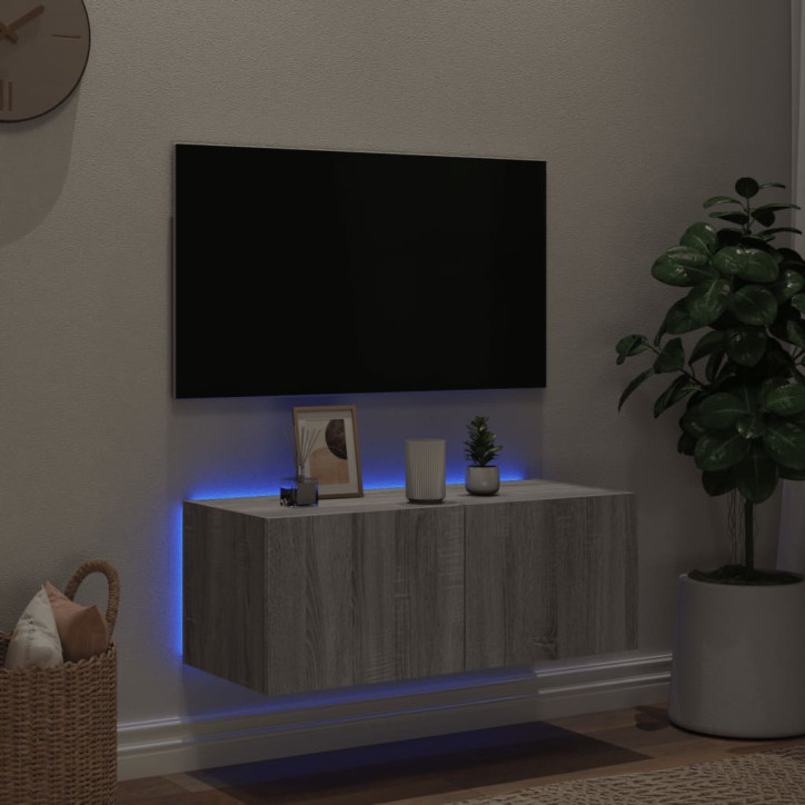 Sieninė TV spintelė su LED lemputėmis, pilka ąžuolo, 80x35x31cm