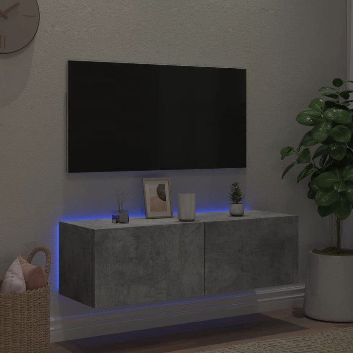 Sieninė TV spintelė su LED lemputėmis, betono, 100x35x31cm