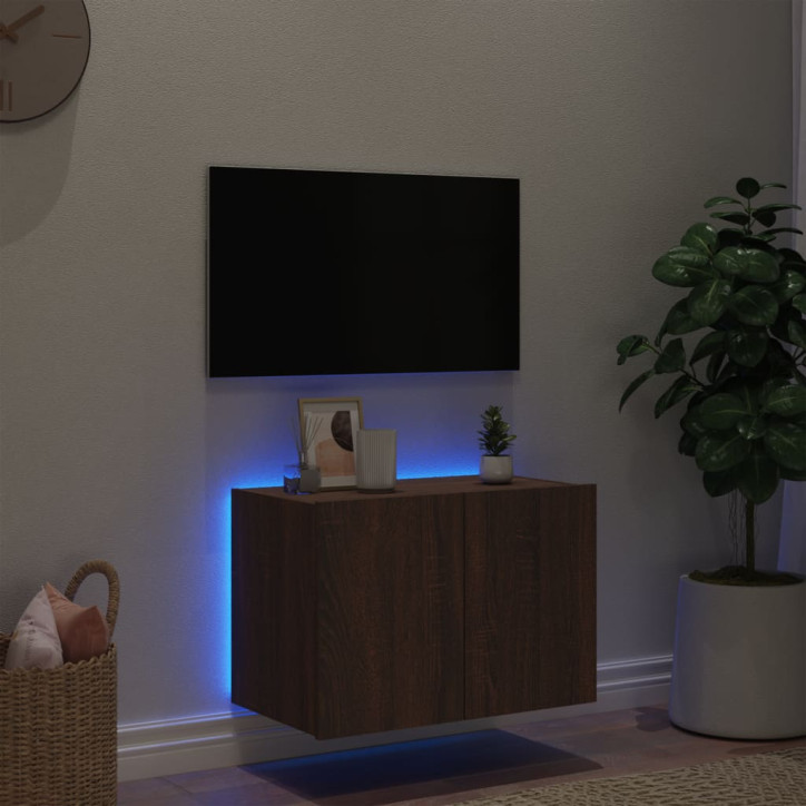 Sieninė TV spintelė su LED lemputėmis, ruda ąžuolo, 60x35x41cm