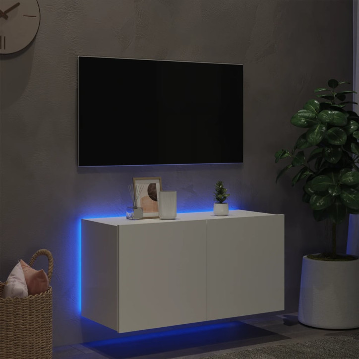 Sieninė TV spintelė su LED lemputėmis, balta, 80x35x41cm