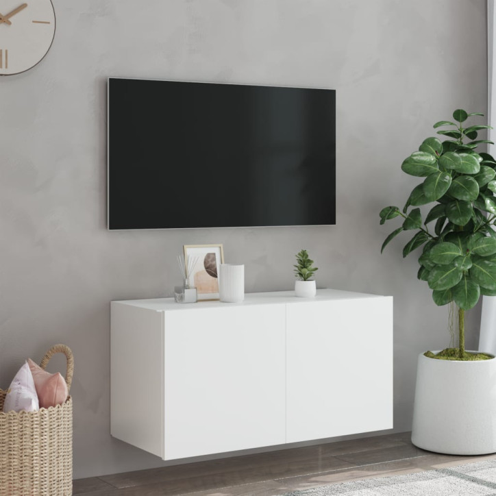 Sieninė TV spintelė su LED lemputėmis, balta, 80x35x41cm