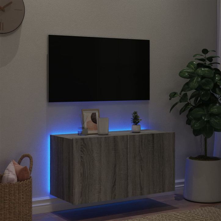 Sieninė TV spintelė su LED lemputėmis, pilka ąžuolo, 80x35x41cm