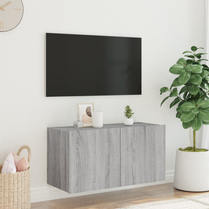 Sieninė TV spintelė su LED lemputėmis, pilka ąžuolo, 80x35x41cm