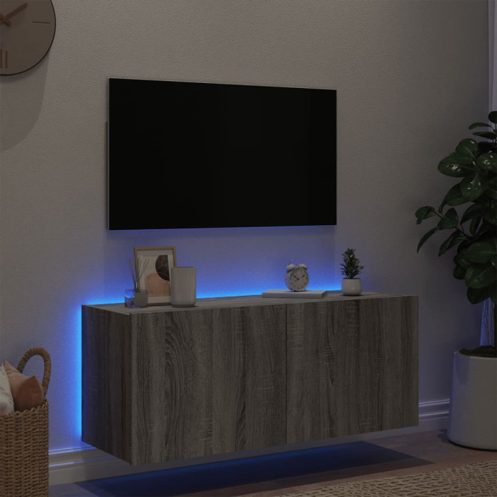 Sieninė TV spintelė su LED lemputėmis, pilka, 100x35x41cm