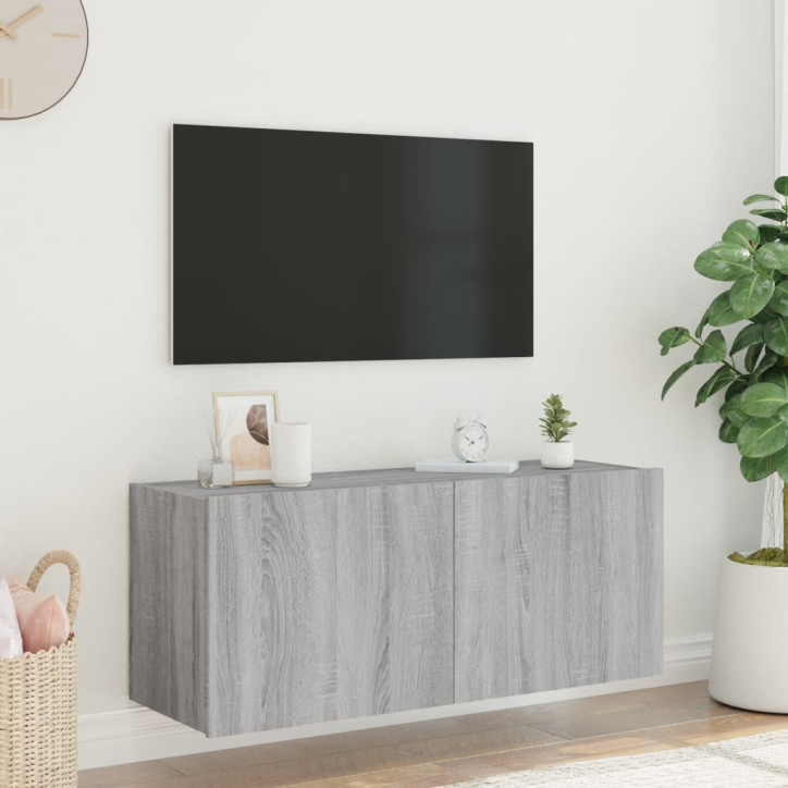 Sieninė TV spintelė su LED lemputėmis, pilka, 100x35x41cm