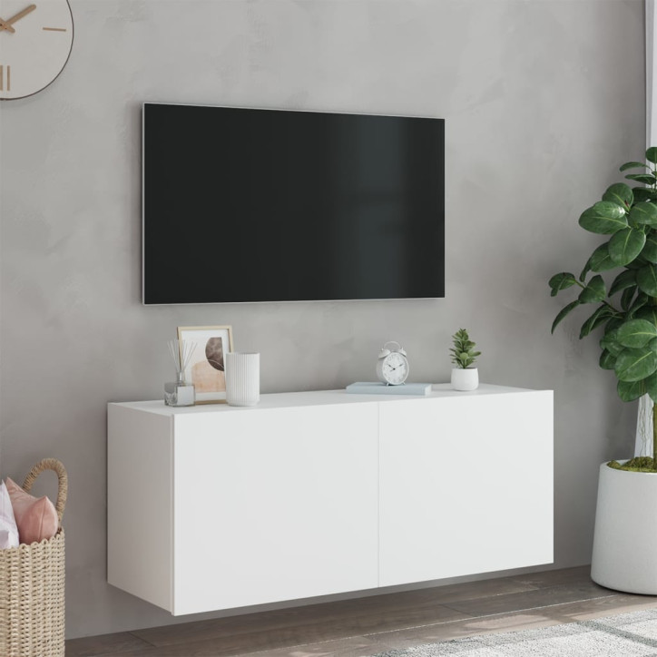 Sieninė TV spintelė su LED lemputėmis, balta, 100x35x41cm