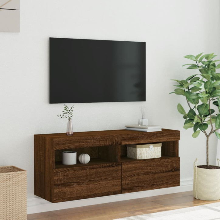 Sieninė TV spintelė su LED lemputėmis, ruda ąžuolo, 100x30x40cm