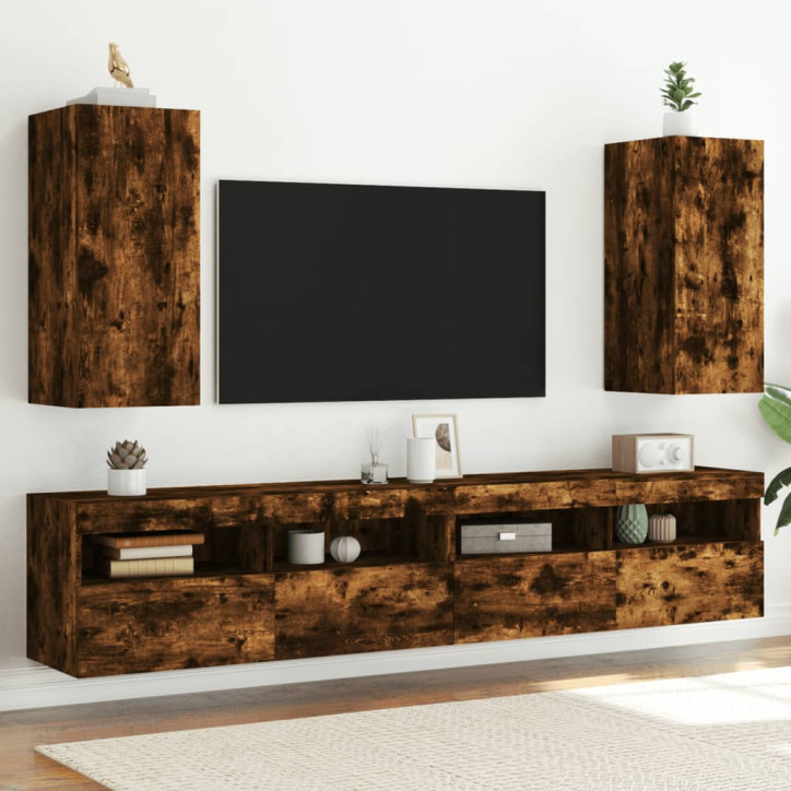 Sieninės TV spintelės su LED, 2vnt., dūminės, 30,5x35x70cm